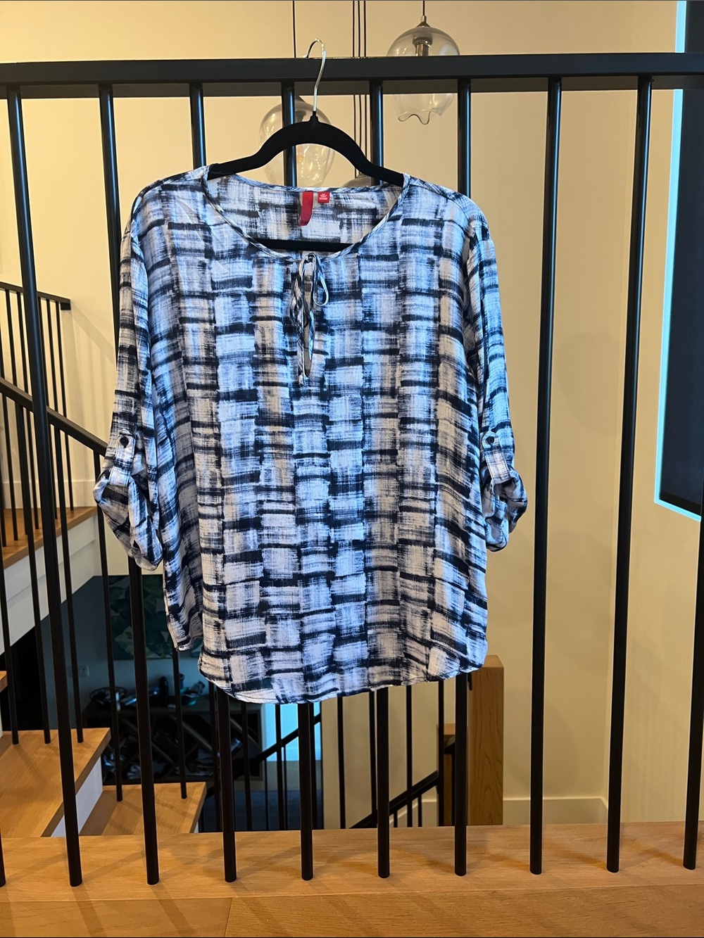 5/48 Black & White Abstract Plaid Tie-Front Tunic